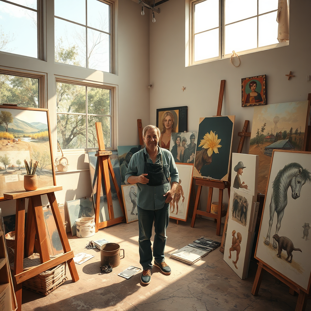 Design a photorealistic image that represents the essence of 'Showcasing my artwork and linking to commerce'. The scene features an artist in the studio, surrounded by finished paintings and sketches. Soft natural light filters through large windows, casting gentle shadows. The color palette is warm with earthy tones, and the artist is seen engaging with viewers, bringing the artworks to life. The camera angle is front-facing, emphasizing the connection between the art and the audience. Textures of paint on canvas and wooden frames are highlighted, projecting a high-quality image in 4K resolution that complements our mission.