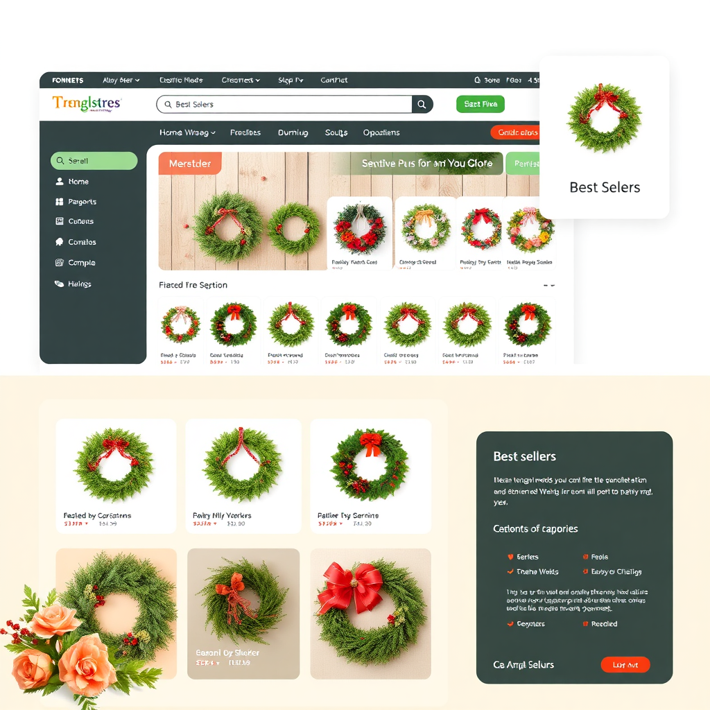 Design an image depicting a user-friendly online store interface showcasing a range of wreaths available for purchase, with highlighted features like 'Best Sellers' and seasonal categories. Use bright colors and an engaging layout to create an appealing shopping environment.