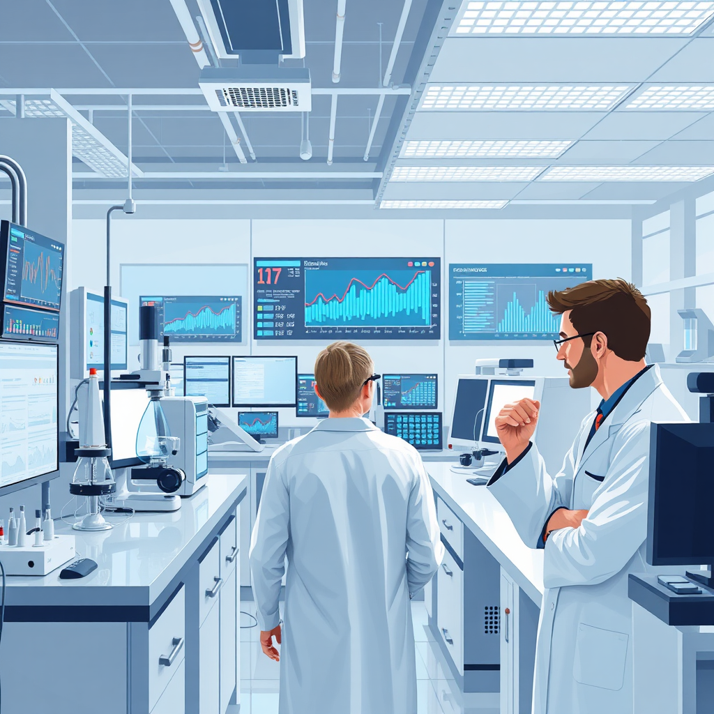 Illustrate a modern lab environment with diverse testing equipment and screens displaying real-time data. Individuals should be deep in thought, evaluating results. Use bright lights to invite energy into the space, complemented by clean whites and soft greys as a color theme. Capture this dynamic atmosphere with a focus on innovation and success, in a high-quality format.