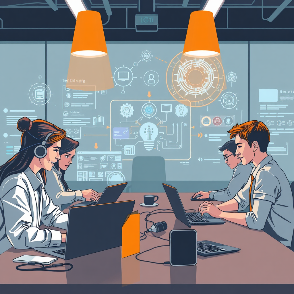 Illustrate a tech-focused workshop with individuals experimenting on laptops. The composition should highlight brainstorming activities alongside visual aids around AI development. Aim for a balance of professional and informal lighting to enhance focus. Incorporate colors like orange and grey for a modern feel. The image should represent teamwork and discovery, captured in photorealistic detail at a high resolution.