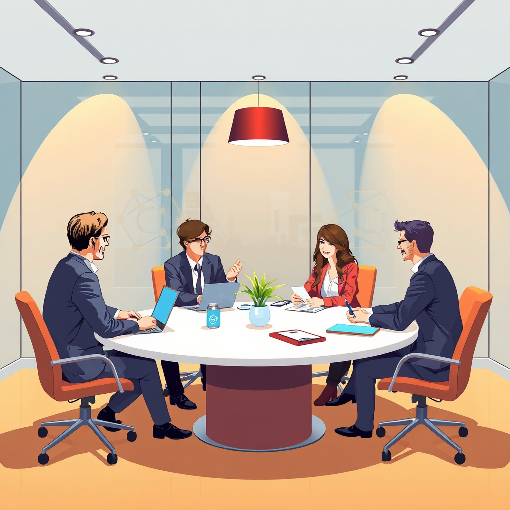 Illustrate an engaging consultation setting with experts and clients discussing AI strategies around a round table. Lighting should be bright and inviting, using reflections to enhance the room's atmosphere. Incorporate stylish decor elements that suggest innovation and modernity, ensuring a professional feel. Aim for a high-resolution image that is captivating and relevant.