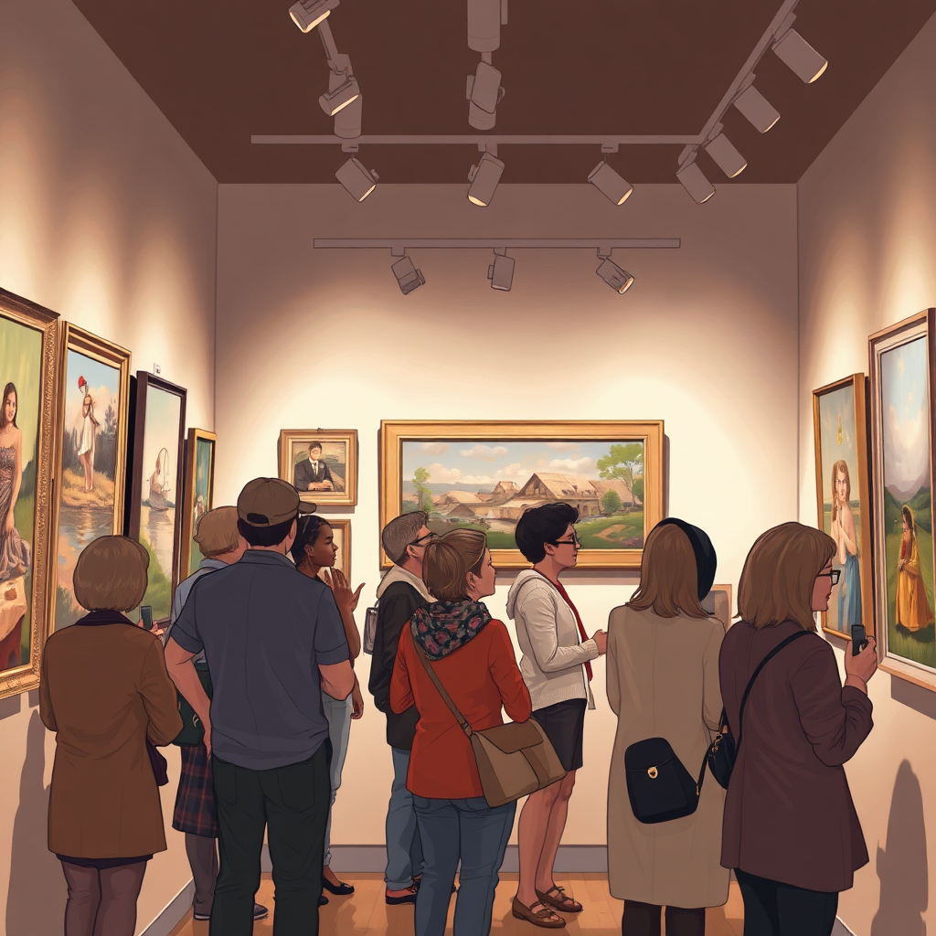 Illustrate the moment of connection between viewers and art in a cozy gallery. Capture a diverse group of people engaging with different artworks, with expressions of joy and contemplation. The lighting should be soft and inviting, with tasteful decor to convey warmth. Incorporate intricate details of paintings that evoke emotional responses. The composition should include a blend of engagement and tranquility, perfectly illustrating the harmony between art appreciation and commerce, in a polished, high-definition presentation.