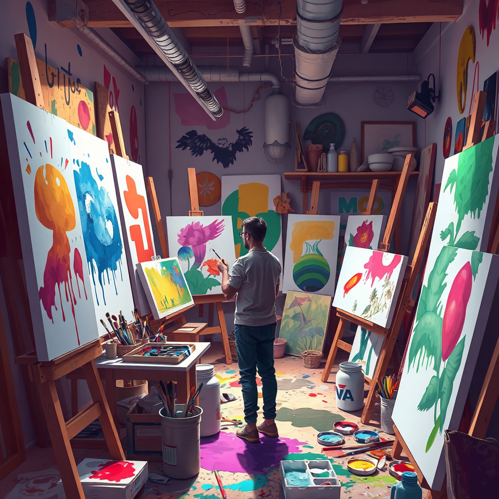 Illustrate the vibrant journey of an artist in their studio, surrounded by unfinished canvases and vibrant colors. The setting should depict active engagement in the creative process, filled with paints and brushes. Capture the dynamic energy with lighting that evokes motivation and inspiration. Incorporate a variety of artworks in progress to emphasize the journey theme. The image should be photorealistic to emphasize realism in creation and connection with consumers.