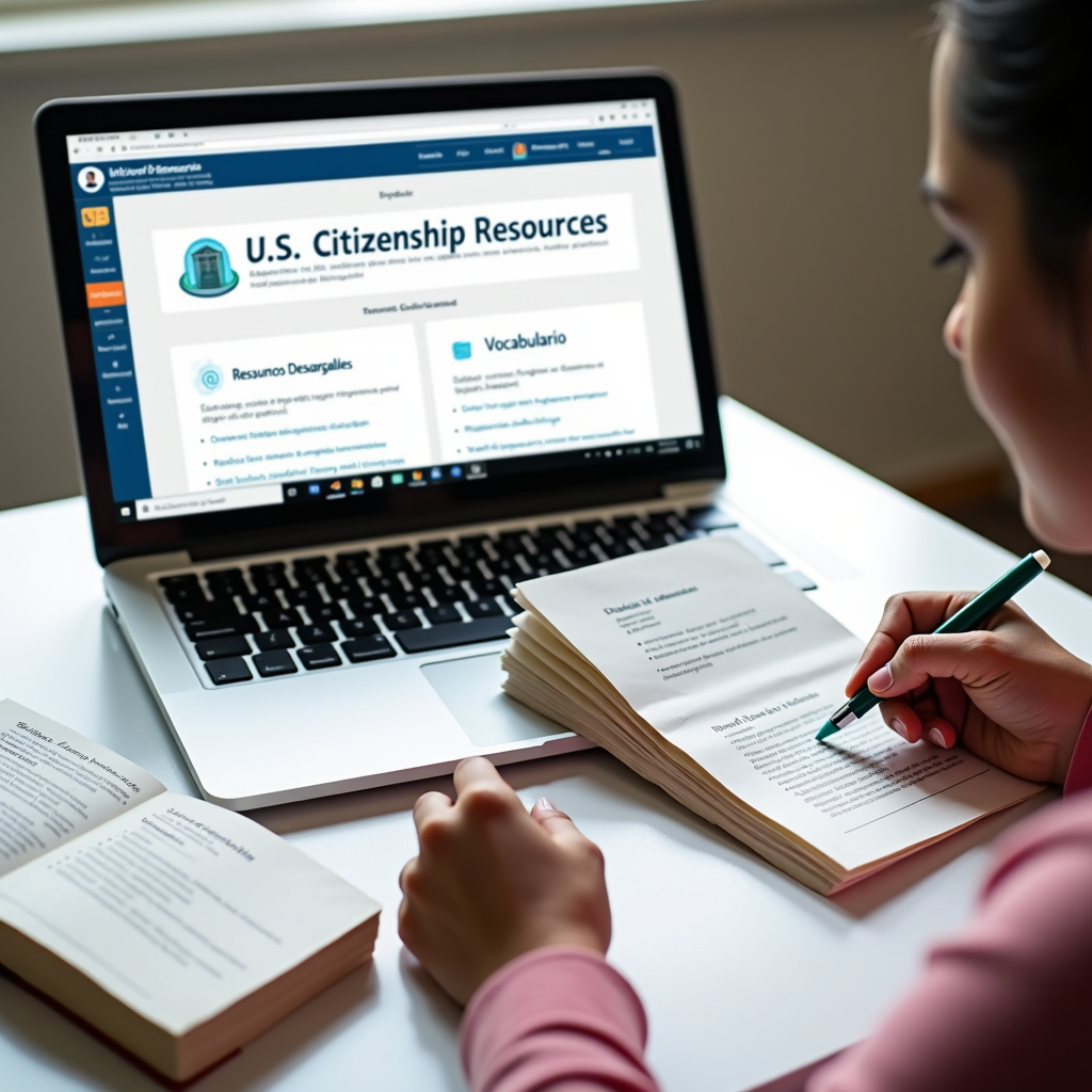 Latino student studying U.S. citizenship resources on a laptop with bilingual vocabulary and download options visible.