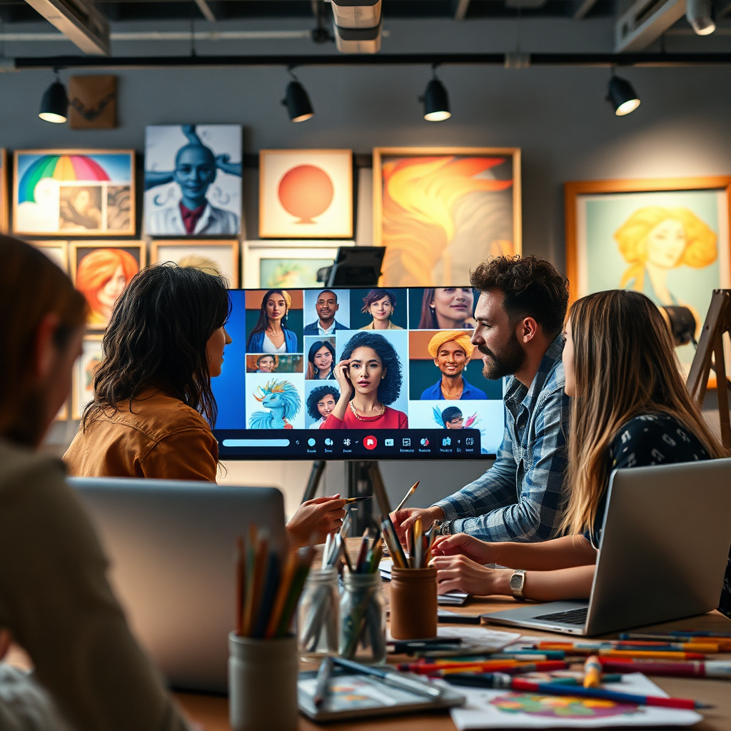Portray an artistic collaboration scene where artists and buyers brainstorm together, possibly on a video call. The background showcases vibrant art pieces on display, representing various styles. Lighting should be bright, symbolizing innovation and partnership. The camera perspective should include laptops and art materials, fostering a sense of creative engagement. Aim for high-quality imagery that captures the essence of collaboration in art and commerce.