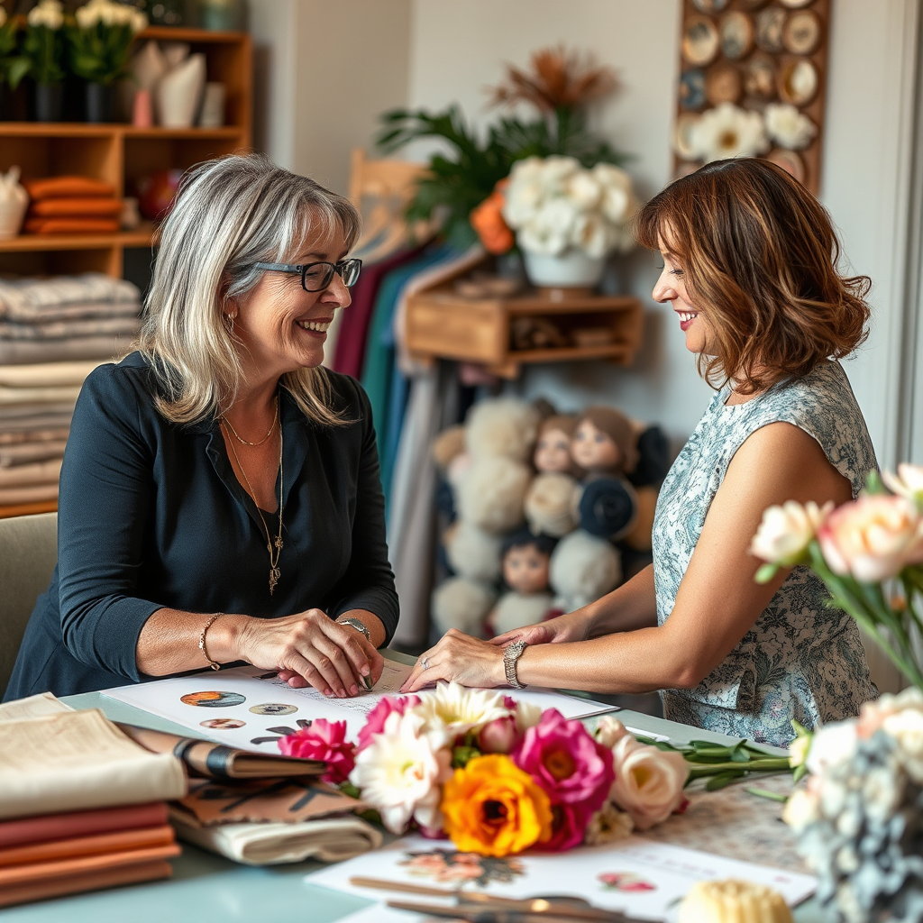 Represent a scene where Debbie collaborates with a customer, surrounded by inspiration materials such as fabric swatches and flower samples. Use soft, focused lighting to capture the enthusiasm and creativity shared during the custom design process.