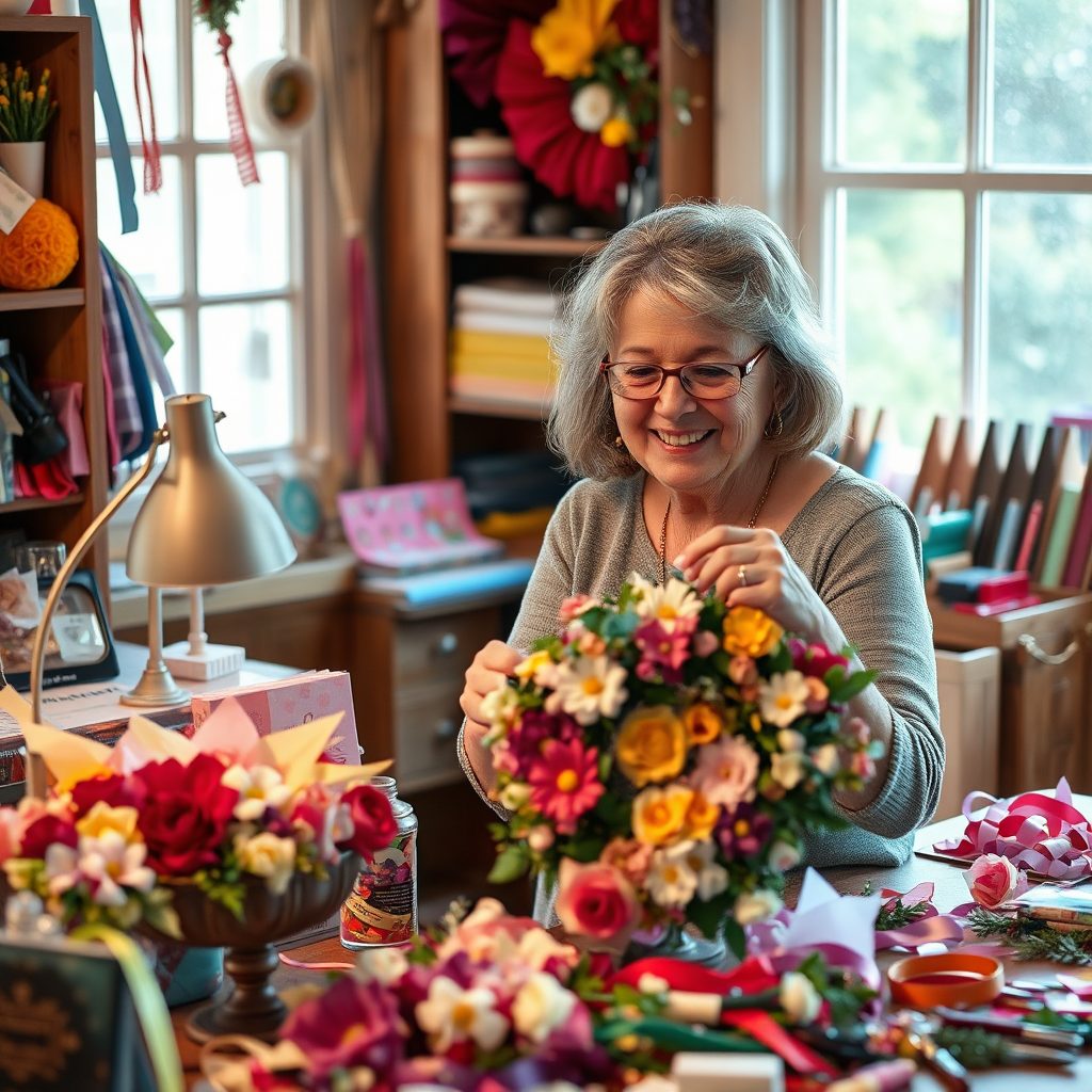 Show a cozy workspace where Debbie is intricately working on a wreath, surrounded by colorful materials. Capture the joy and concentration in her expression, along with the vibrant array of faux flowers, ribbons, and crafting tools. The image should use warm lighting to create a friendly and inviting atmosphere, portraying the passion behind each handmade piece.