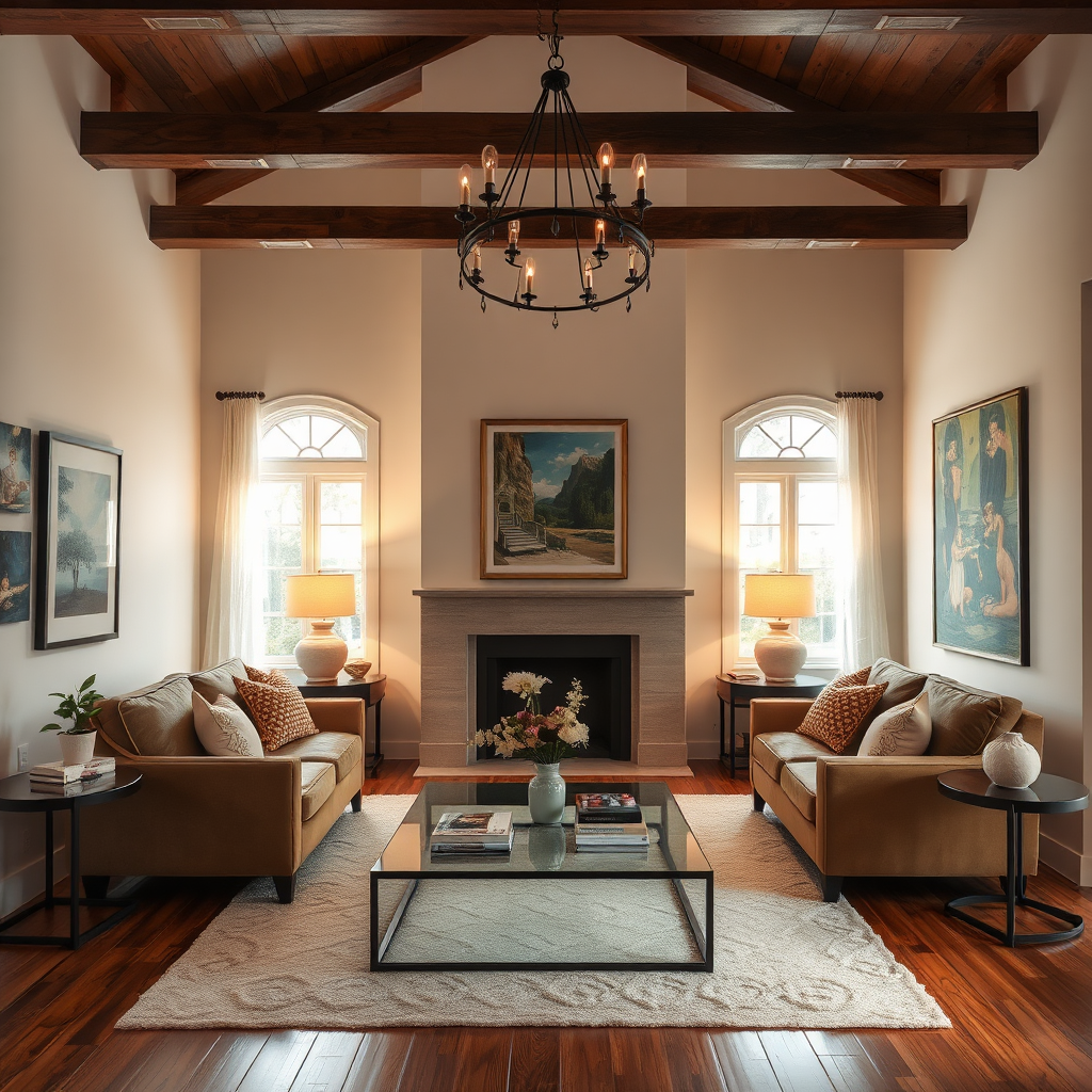 Showcase a beautifully decorated home interior that features selected artworks from Arobiarts Studios. The artworks should harmonize with furniture and decor, demonstrating charisma and charm. The lighting should be warm and inviting, creating a sense of comfort. Use an angle that captures the entire space effectively, highlighting how artworks can elevate interior environments. The aim is to deliver a polished, high-definition representation that speaks to the transformative power of art in personal spaces.