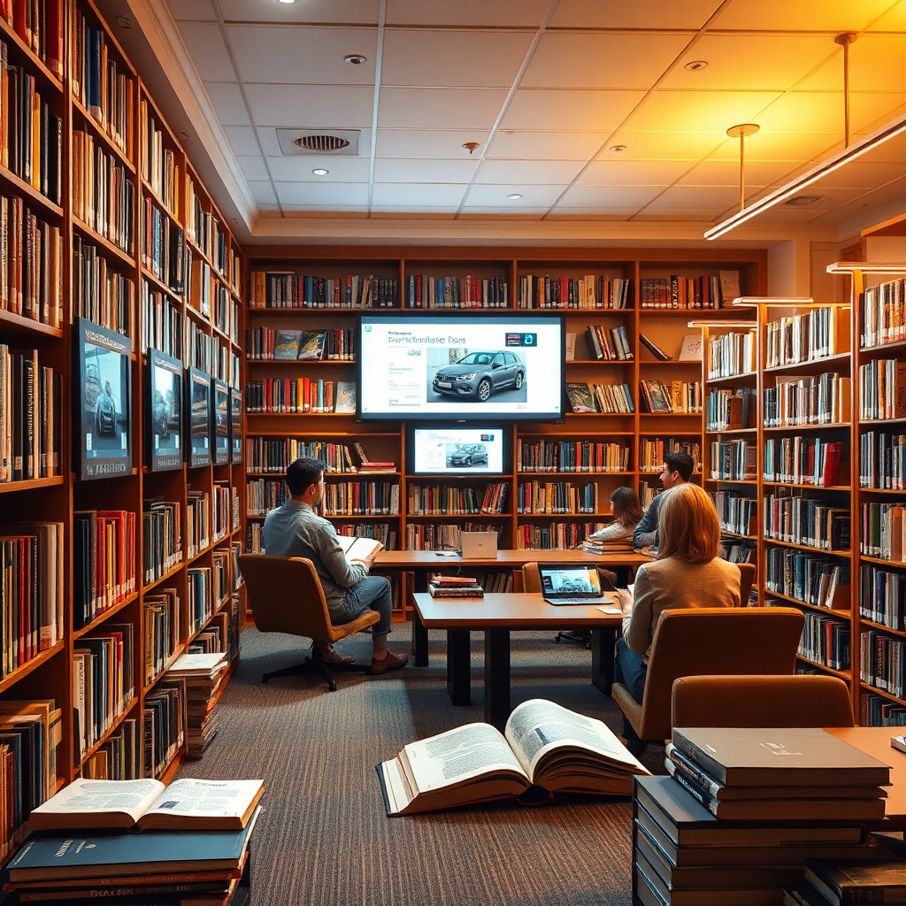 Showcase a library of knowledge resources, where users are continuously updating their skills. Include elements like books and digital screens with instructional videos in the background. Warm, soft lighting to create a sense of comfort and learning is key. Use colors that evoke trust and knowledge, like earthy tones. The image should encapsulate a nurturing educational environment, high resolution for clarity.