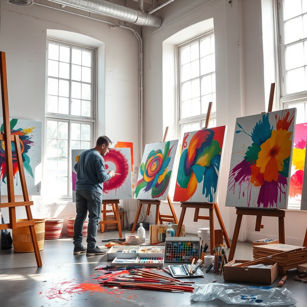 Visualize a bright studio space filled with vibrant canvases showcasing colorful artworks. The setting is alive with energy, featuring the artist passionately at work. Natural light pours in through large windows, illuminating the textures of paint and canvas. A palette of bright colors emerges and captures attention, symbolizing creativity. Include detailed brushes and tools scattered about to emphasize the artistic process. The composition should be lively and inviting, embodying a high-quality image evocative of creativity and commerce.