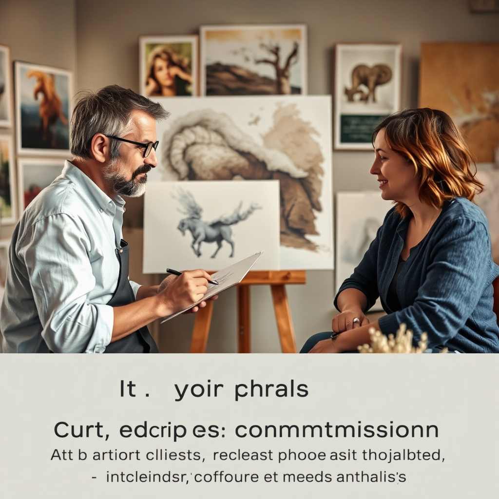 Visualize a collaborative session between an artist and a client discussing a custom commission. The artist is sketching ideas, surrounded by previous artworks for inspiration. Soft lighting creates an intimate atmosphere, with warm tones and textures of paper and canvas adding detail. Capture the engaging dialogue and creativity flowing, bringing forth a reality where art meets personalized service in photorealistic quality.