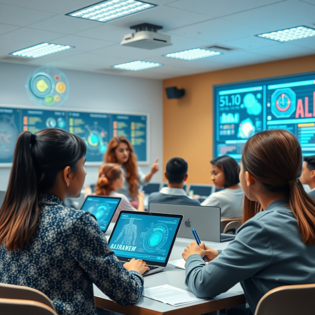 Visualize a modern classroom where educators are guiding students in AI learning. The image should feature interactive displays with AI algorithms showcased prominently. Use fresh, bright colors to create an atmosphere of energy and innovation. The camera angle should be over-the-shoulder, capturing both the students' expressions and what is being taught. Hyperrealistic details like digital charts will enhance the educational theme, rendered in 4K resolution.