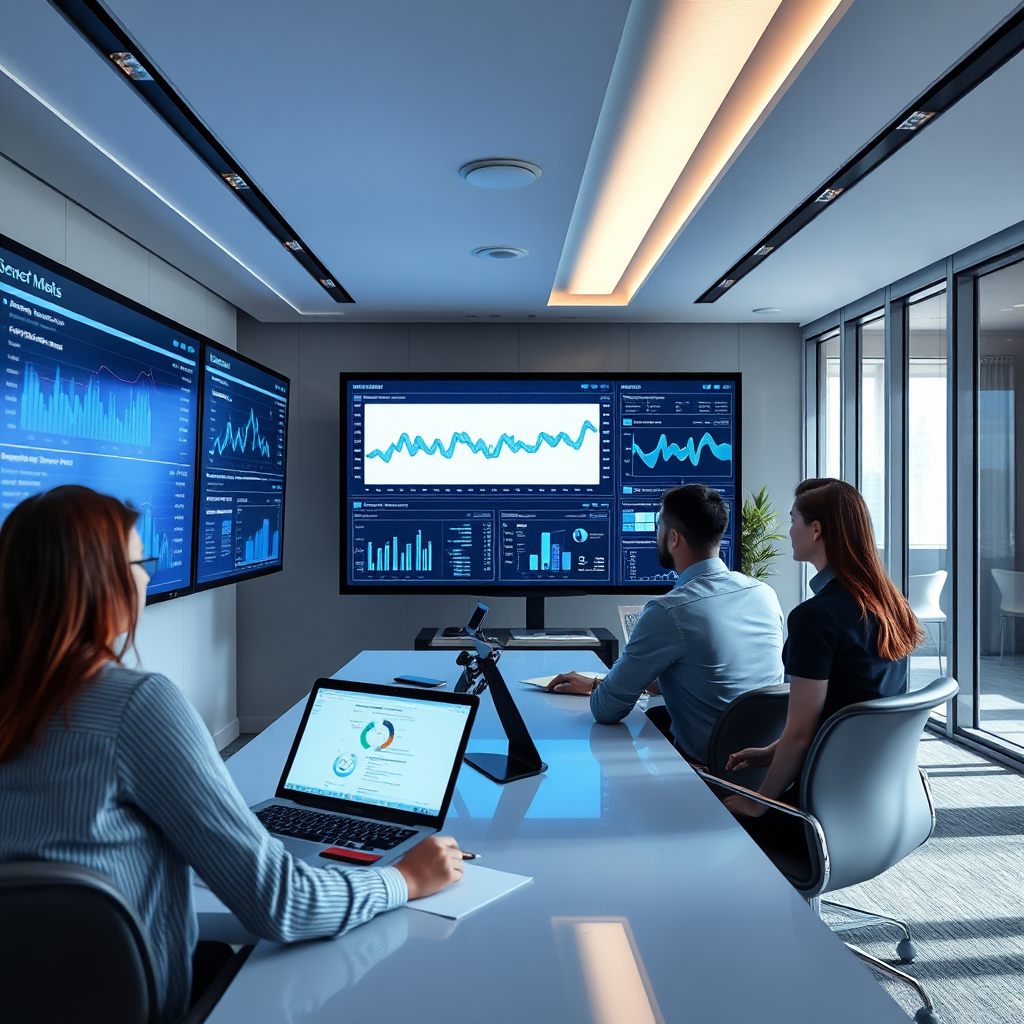 Visualize a performance analysis team reviewing data on large screens in a sophisticated office space. Use a balance of natural and artificial lighting to highlight data dashboards. The color palette should be cool and analytical, with shades of blue and grey. Focus on the interaction and dynamic nature of the setting, creating a high-quality visual experience.