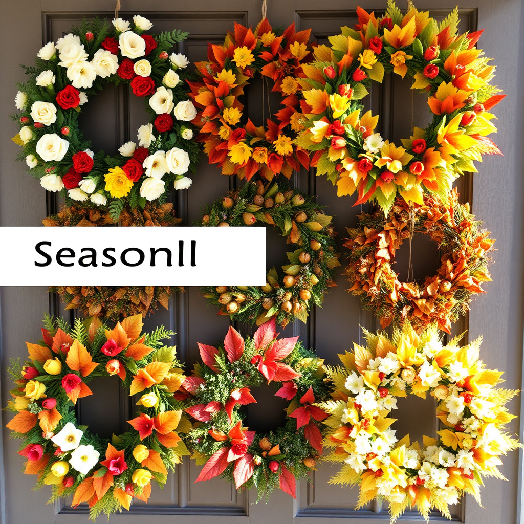 Visualize a vibrant, attractive display of seasonal wreaths grouped by theme, such as spring flowers or autumn leaves. The imagery should reflect inviting colors and textures, with natural lighting accentuating the seasonal beauty of each piece.