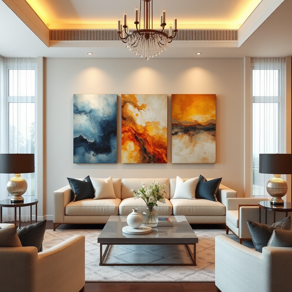 Visualize an elegantly designed living room featuring selected artworks from Arobiarts Studios. The artworks should harmonize with the decor, emphasizing their compatibility in a residential setting. Use warm, inviting lighting to create a homely atmosphere. Textures of the canvases should be prominent, and the camera should capture the artworks in a manner that feels relatable to potential buyers. Aim for a high-quality, photorealistic representation of how art integrates seamlessly into life.