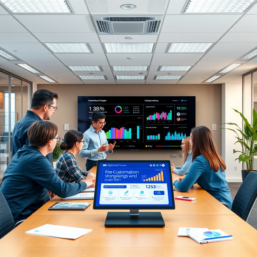 Visualize an office space designed for collaboration, showcasing teams discussing customization strategies over dynamic data visuals. The lighting should be bright yet focused, promoting a productive atmosphere. Use a color scheme that blends professionalism with creativity, like navy with pops of vibrant colors. Capture a moment of brainstorming depicted in a high-quality, photorealistic style.