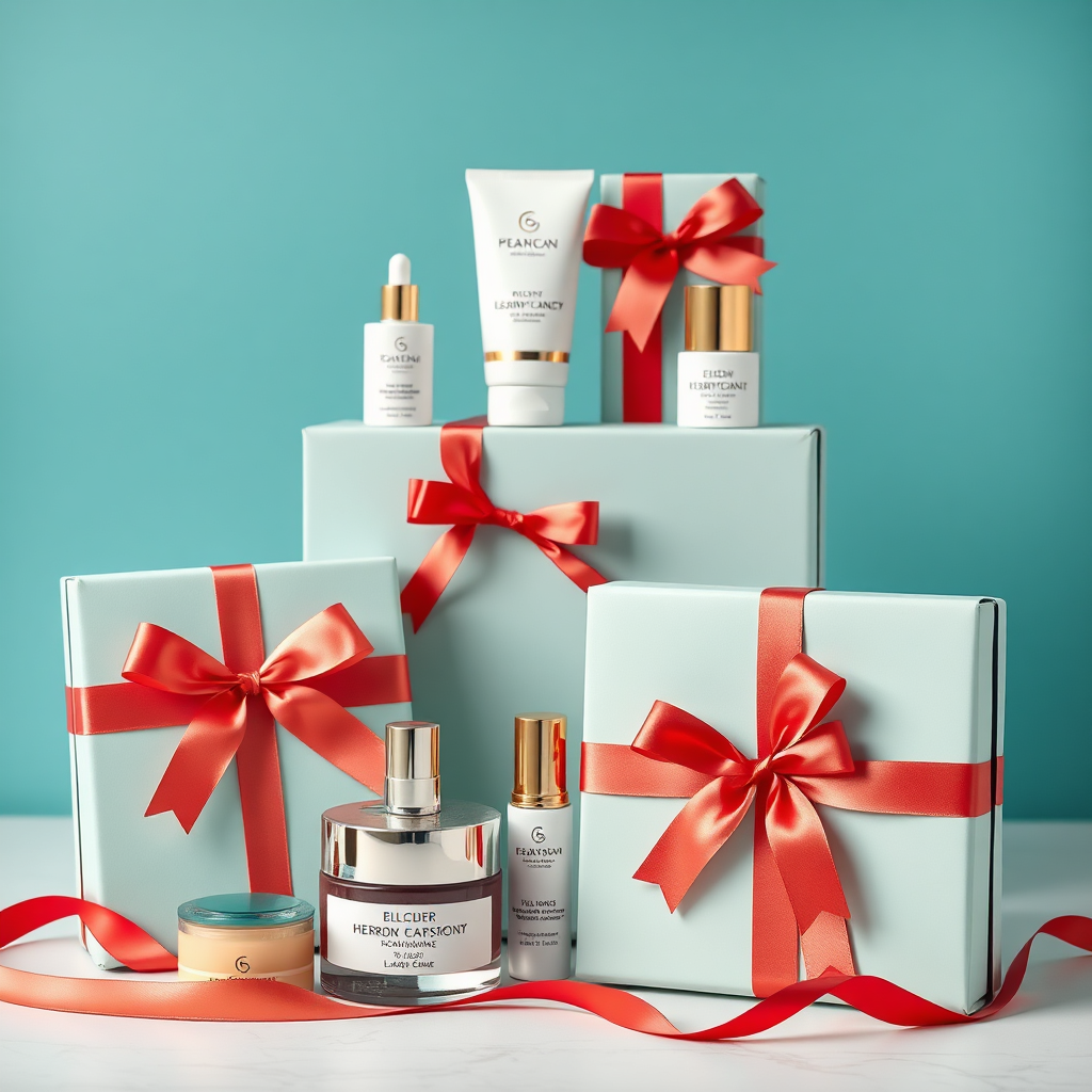 A 4K image displaying beautifully arranged custom gift sets featuring Turkish cosmetics. The gifts are wrapped in elegant packaging and ribbons. The color palette is festive and luxurious. Style reference: gift packaging and product photography.