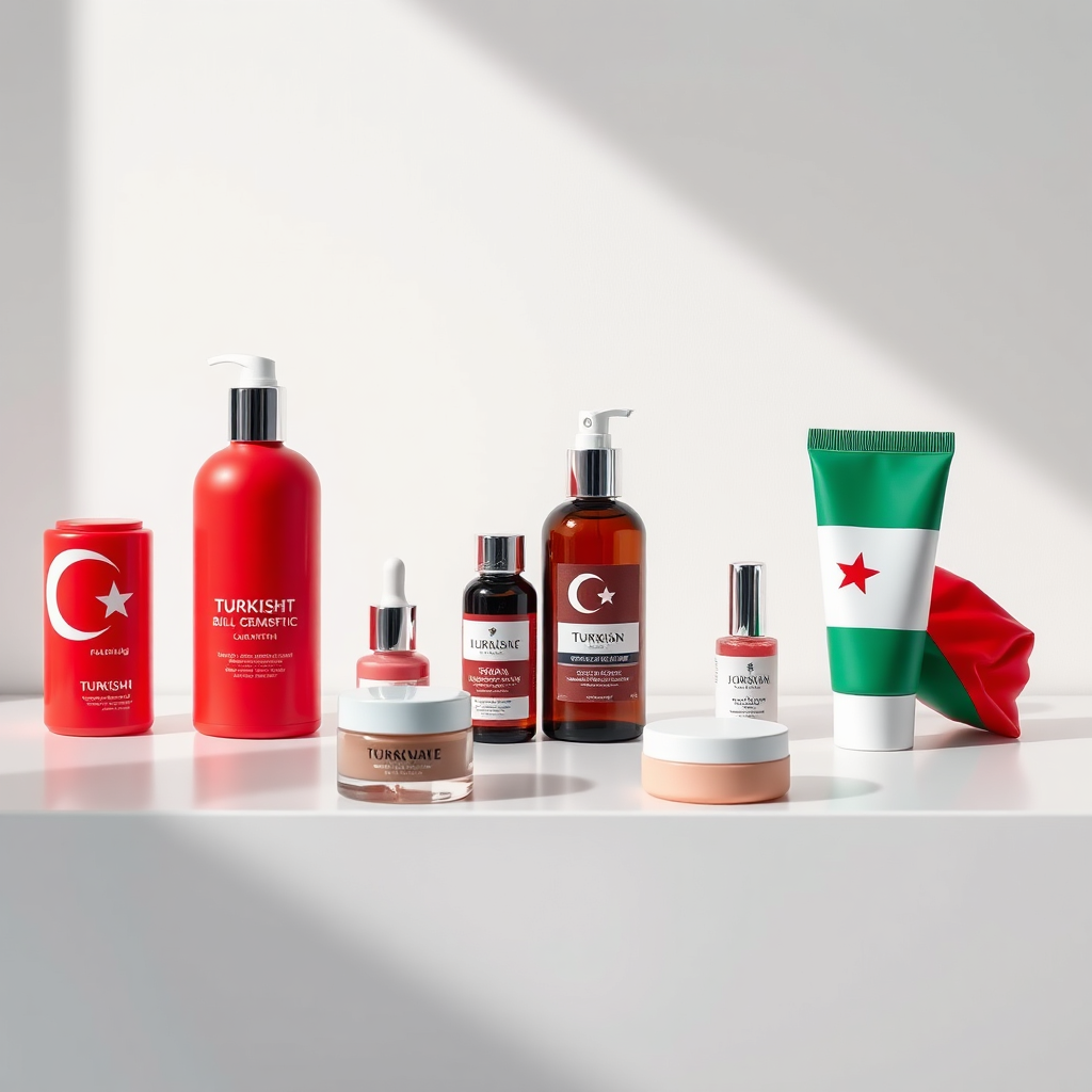 A photorealistic 4K image depicting a side-by-side comparison of Turkish and Jordanian cosmetic products, showcasing their similarities and unique differences. The products are arranged on a minimalist white surface. The color palette is balanced and harmonious, reflecting both Turkish and Jordanian aesthetics. Style reference: product photography with a focus on cultural juxtaposition.