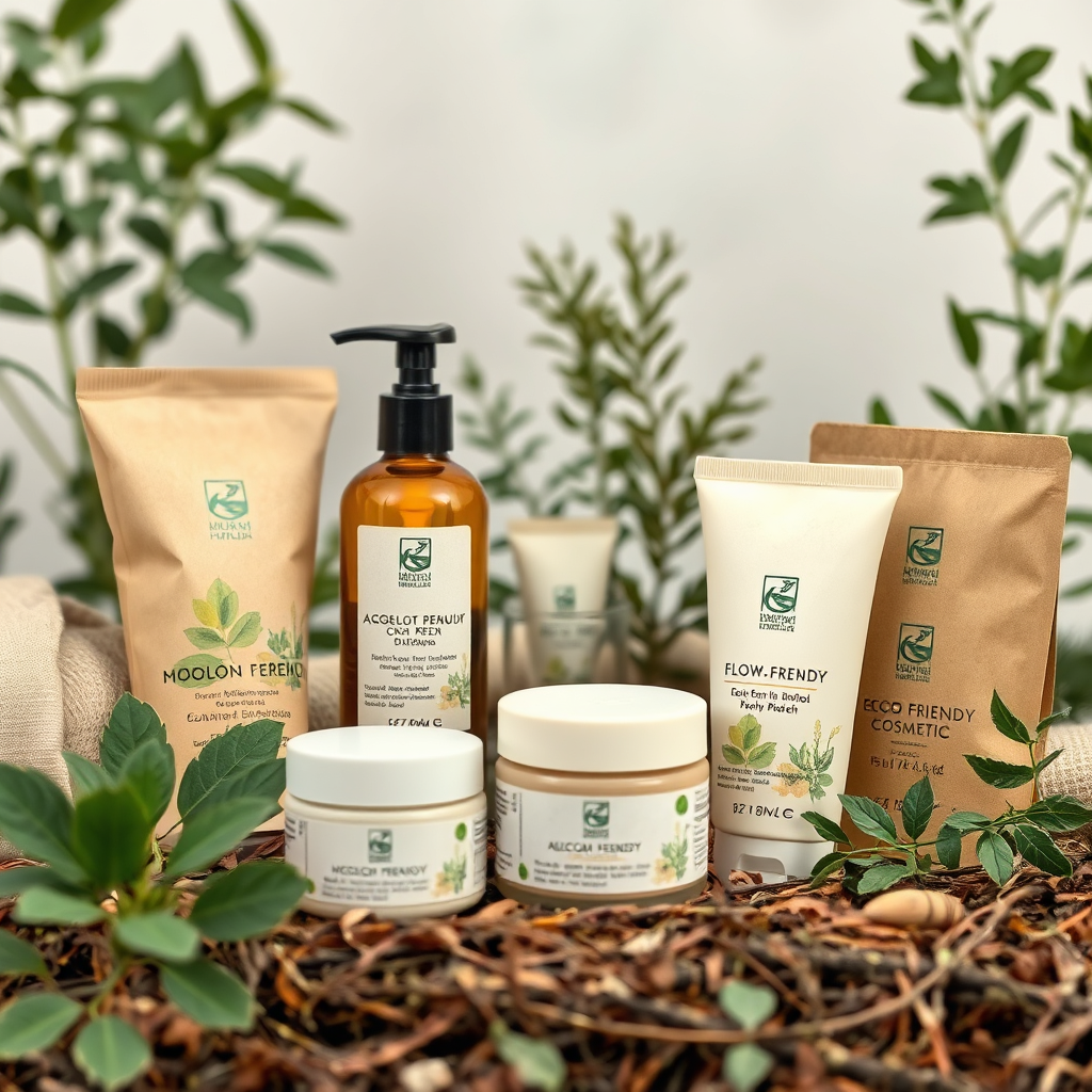 A photorealistic 4K image featuring a collection of eco-friendly Turkish cosmetic products packaged in sustainable materials. The products are arranged on a natural background with plants and greenery. The color palette is earthy and natural, with greens, browns, and creams. Style reference: sustainable product photography.