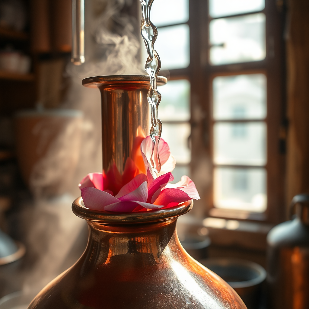 A photorealistic 4K image showcasing a close-up of traditional Turkish rosewater being distilled in a copper still. The scene is set in a small, family-run workshop in Turkey. Soft, natural light streams through a window, highlighting the intricate details of the still and the delicate rose petals. The color palette is warm and inviting, with copper tones and soft pinks. Style reference: documentary photography with a focus on capturing the essence of Turkish craftsmanship.