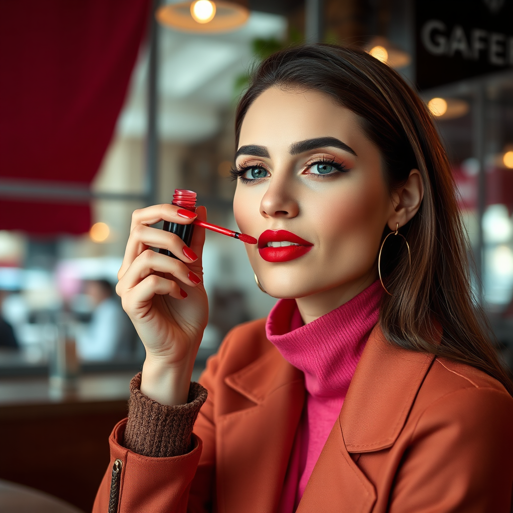 A photorealistic 4K image showcasing a modern Jordanian woman applying a popular Turkish cosmetic product – a vibrant lip stain – in a stylish setting. The background is a blurred view of a trendy café in Amman. The color palette is bold and contemporary, with vibrant reds, pinks, and neutral tones. Style reference: fashion editorial photography.