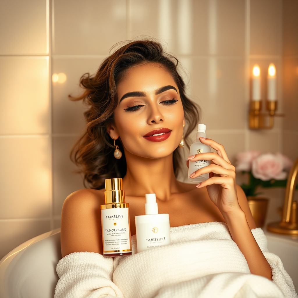 A stylized 4K image depicting a woman enjoying a pampering session with Turkish cosmetic products. She is relaxing in a luxurious bathroom setting with soft lighting and elegant decor. The color palette is opulent and indulgent, with golds, creams, and soft pinks. Style reference: luxury spa and beauty photography.