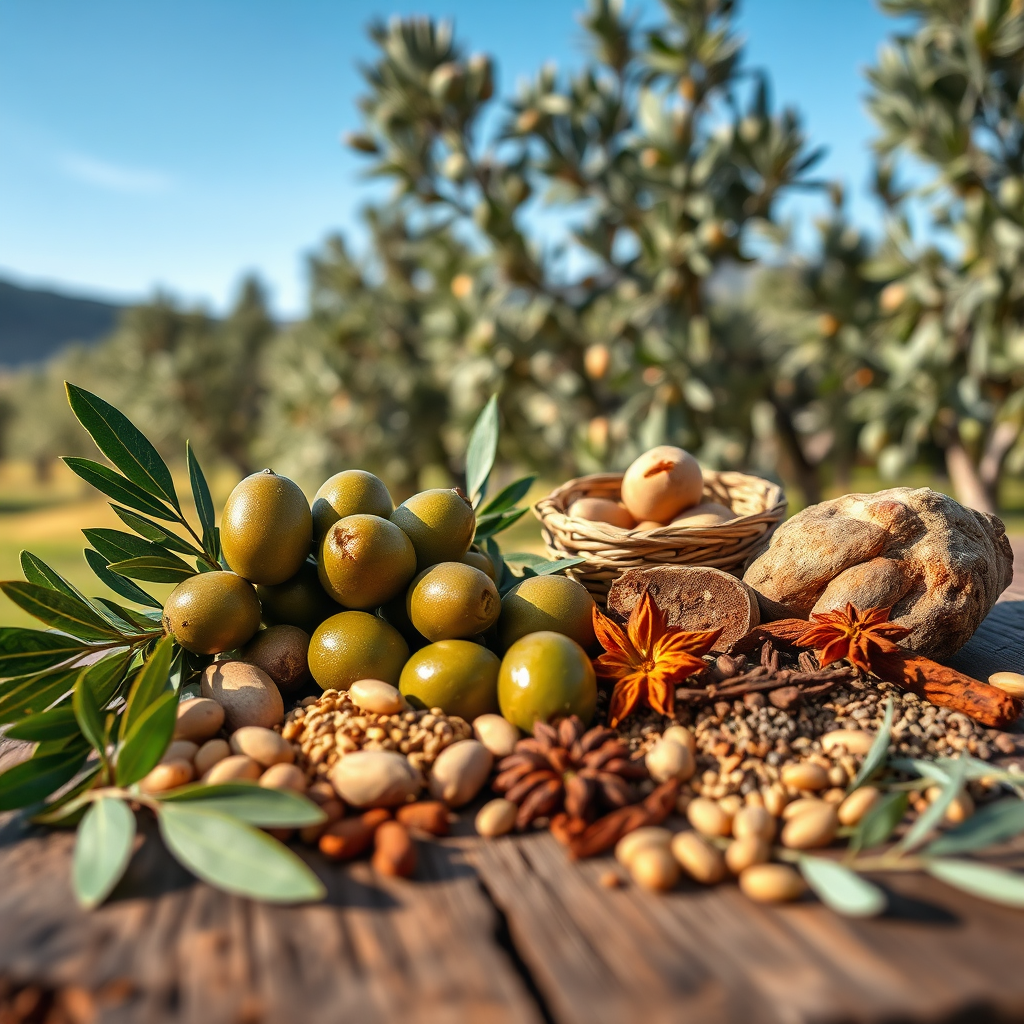 A vibrant, photorealistic 4K image of a collection of raw, natural ingredients used in Turkish cosmetics. The ingredients include fresh olives, argan nuts, herbs, and vibrant spices arranged on a rustic wooden table. The background features a blurred view of a lush olive grove under a clear blue sky. The color palette is rich and earthy, with greens, browns, and golds dominating the scene. Style reference: a natural product photography aesthetic with an emphasis on texture and detail.