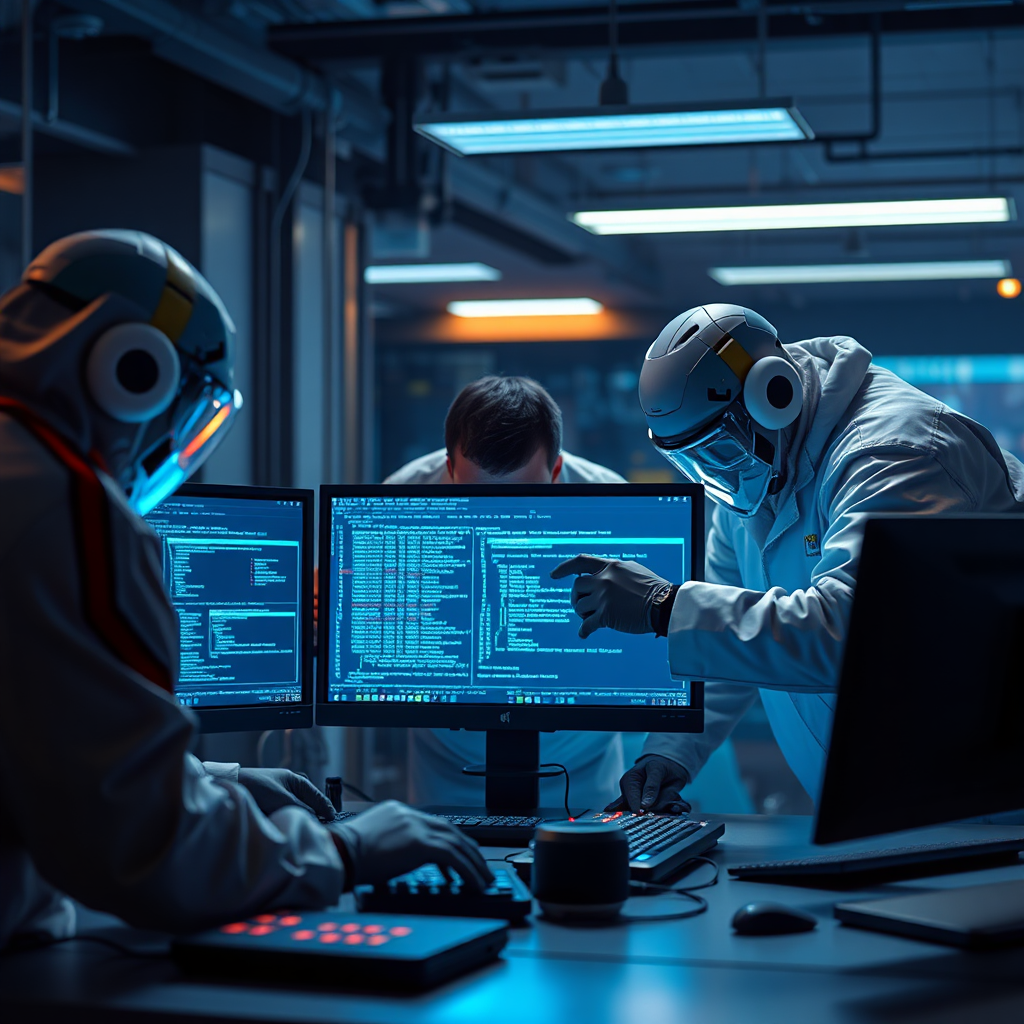 Create a dynamic image showcasing a team of digital forensic experts analyzing a compromised system. The scene should convey urgency and precision. Use forensic tools and software interfaces in the depiction. Render in 4K resolution, high quality.