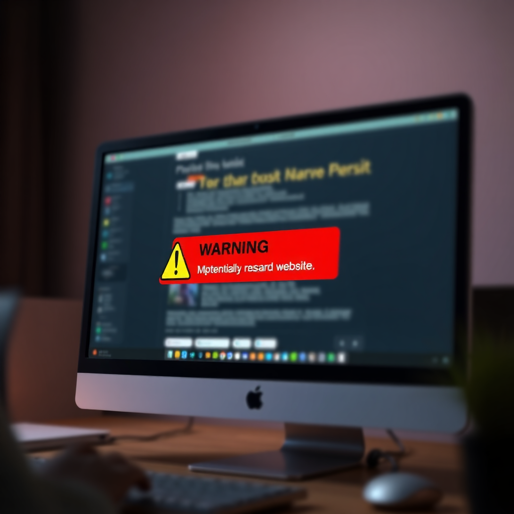 Create a photorealistic image of a computer screen displaying a warning message about a potentially dangerous website. The background should be blurred to focus attention on the warning. The color palette should be predominantly red and yellow to convey a sense of urgency. Render in 4K resolution, high quality.