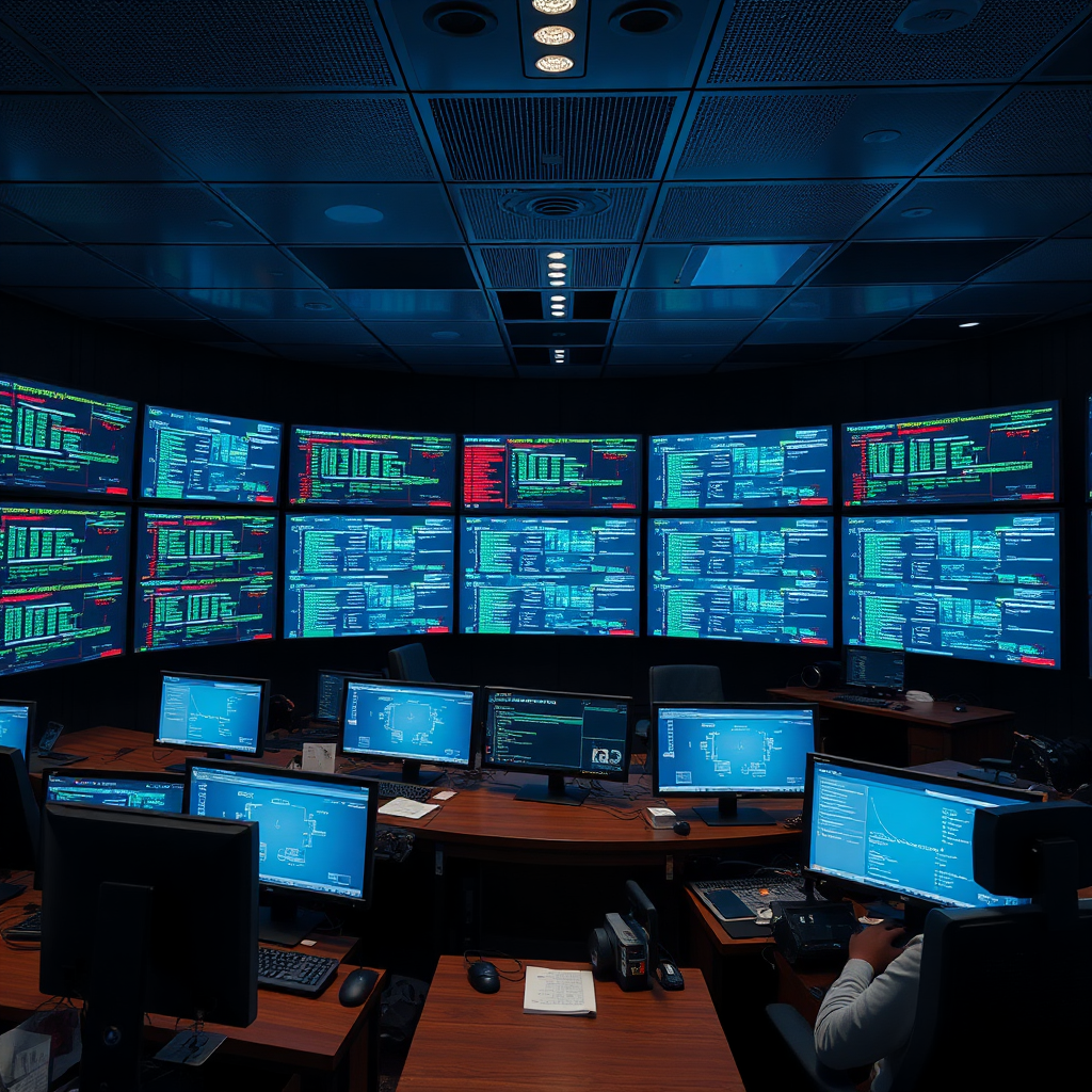 Create a photorealistic image of a security operations center, with multiple monitors displaying real-time threat data. A team of cybersecurity analysts are working diligently to monitor and respond to alerts. Render in 4K resolution, high quality.