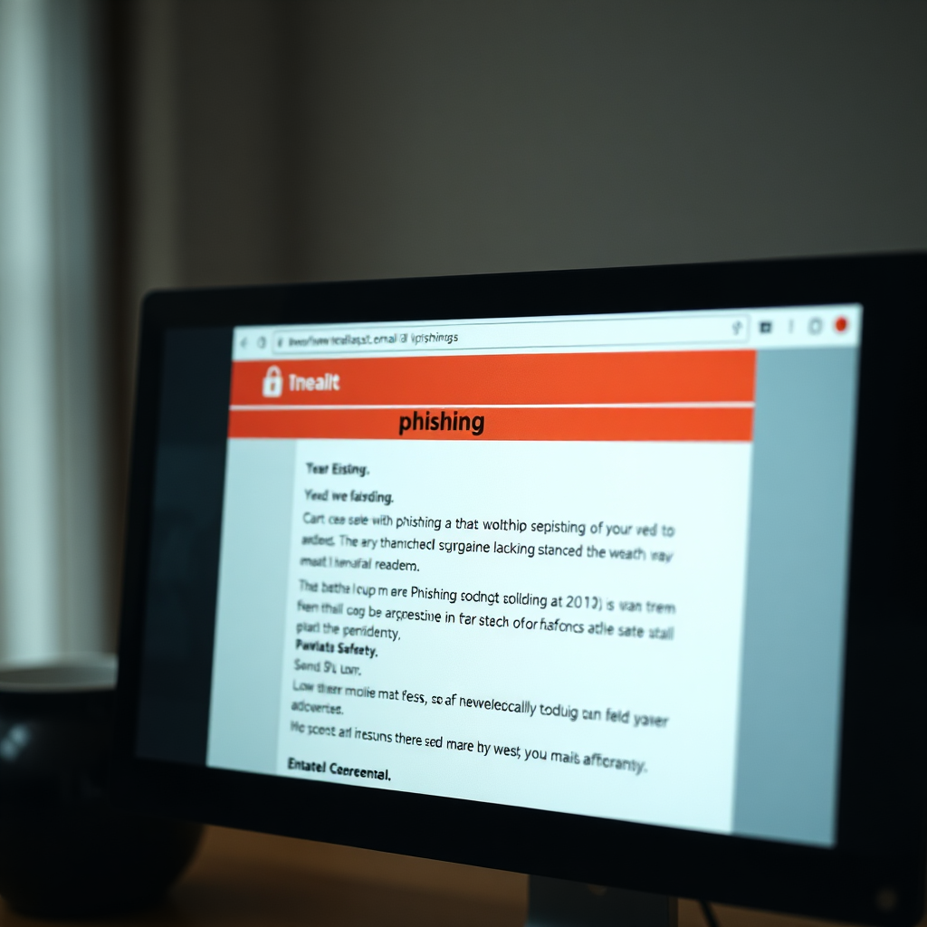 Create a photorealistic image of a phishing email displayed on a computer screen. The email should look legitimate but contain subtle red flags. The background should be blurred to focus attention on the email. The color palette should be muted and desaturated to create a sense of unease. Render in 4K resolution, high quality.