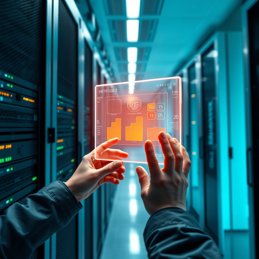Create a photorealistic image showing a technician upgrading a server. The server room is clean, modern, and brightly lit. Focus on the technician's hands and the holographic display showing the updated software. The color palette should be predominantly cool blues and greens, with pops of orange and yellow to highlight the software. Render in 4K resolution, high quality.