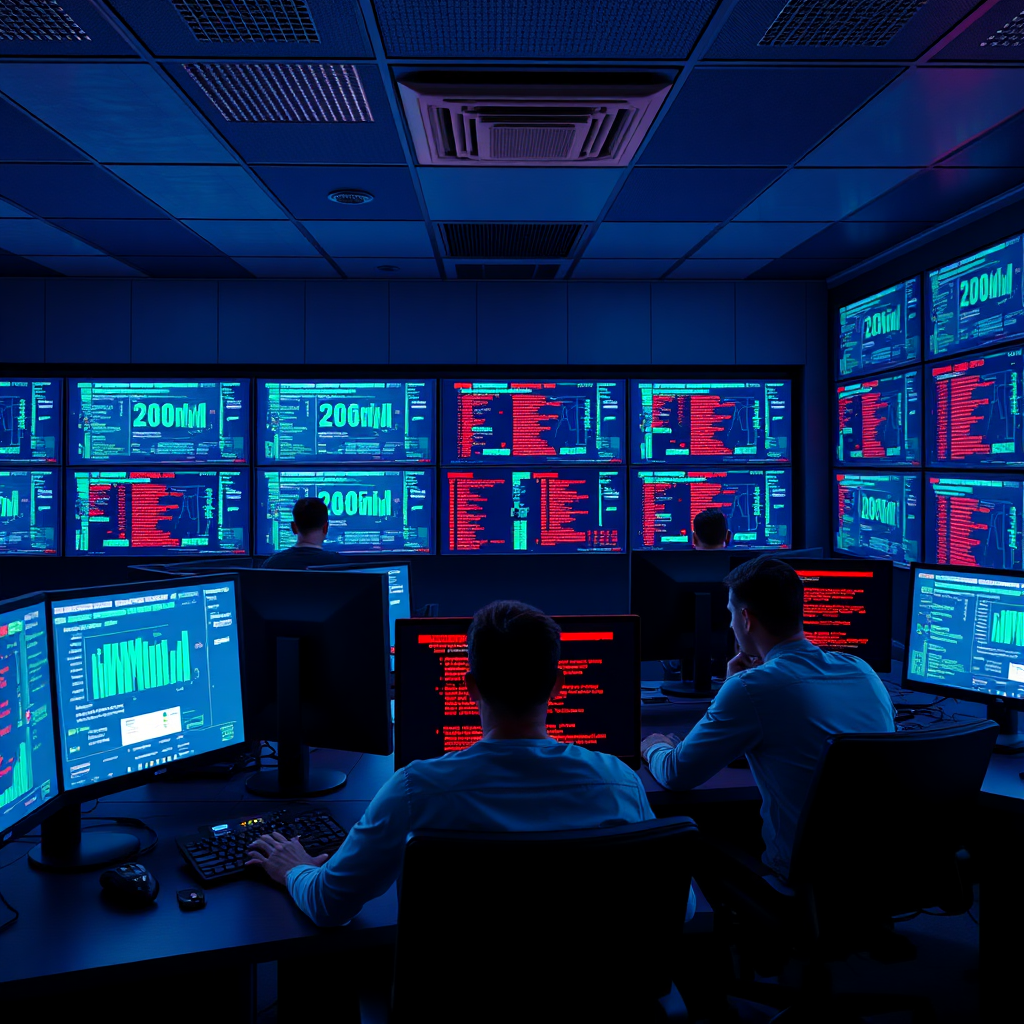 Create a photorealistic image showing a team of cybersecurity professionals working together in a security operations center. The room should be filled with monitors displaying real-time threat data. The color palette should be predominantly blues and greens, with pops of red to indicate alerts. Render in 4K resolution, high quality.