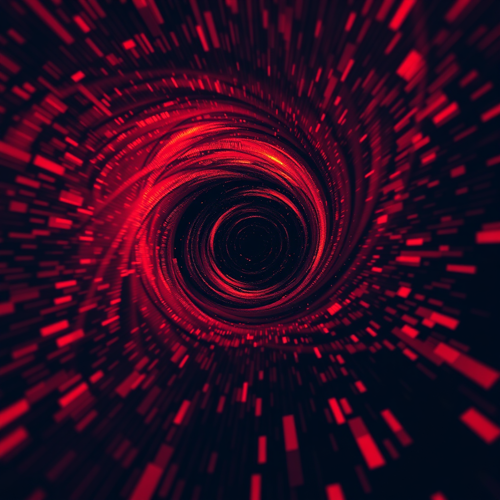 Create a photorealistic image of a swirling vortex of digital data, with malicious code fragments represented as sharp, angular shapes moving erratically within the vortex. The background should be dark and foreboding. The color palette should be a mix of deep reds, oranges, and blacks to convey a sense of danger and chaos. The camera angle should be a wide shot to capture the scale and intensity of the vortex. Render in 4K resolution, high quality.