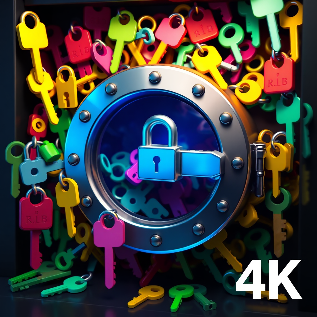 Create a stylized image of a digital vault filled with colorful keys, each representing a different password. The vault should be secure and well-protected. Render in 4K resolution, high quality.