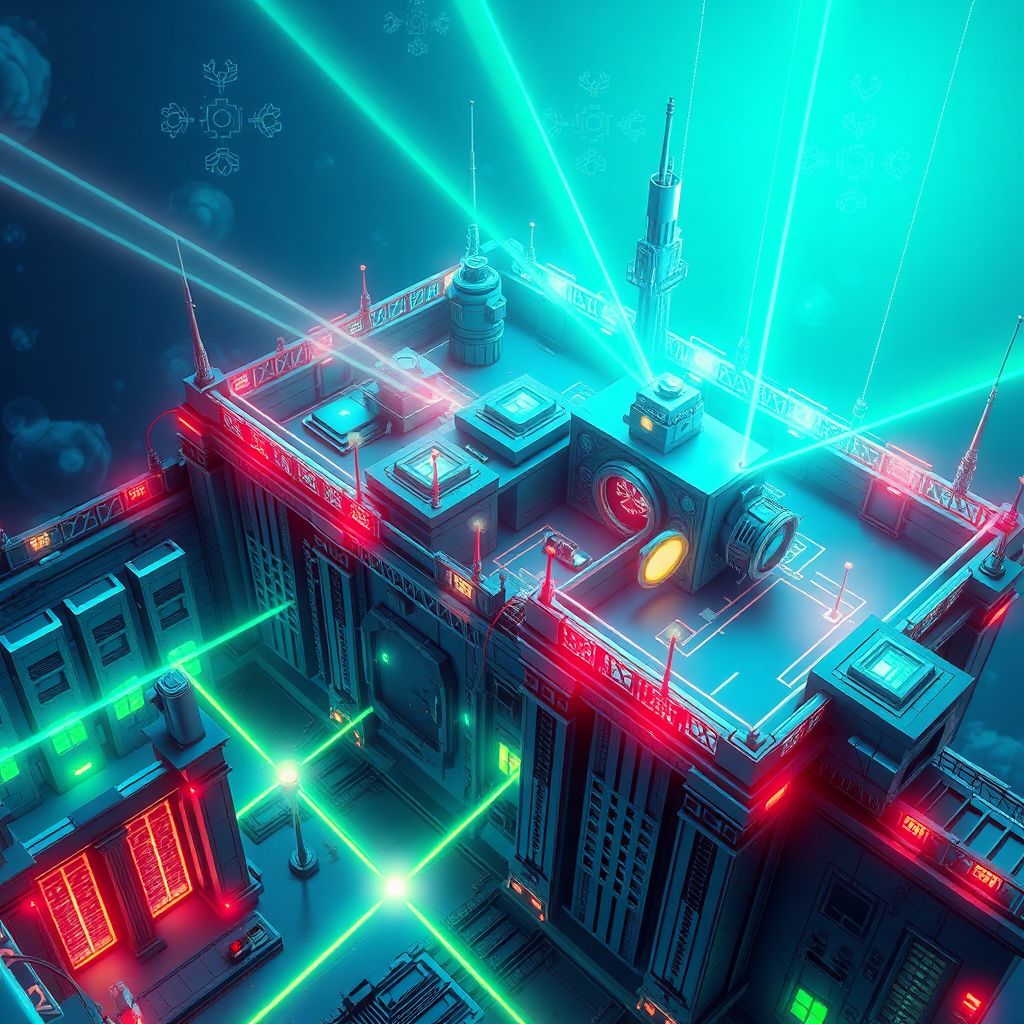 Create a stylized image of a digital fortress, complete with glowing walls, laser grids, and security cameras. The style should be modern and futuristic. Use a vibrant color palette of blues, greens, and silvers to convey a sense of security and protection. The camera angle should be a high angle, showcasing the entire fortress and its defenses. Render in 4K resolution, high quality.