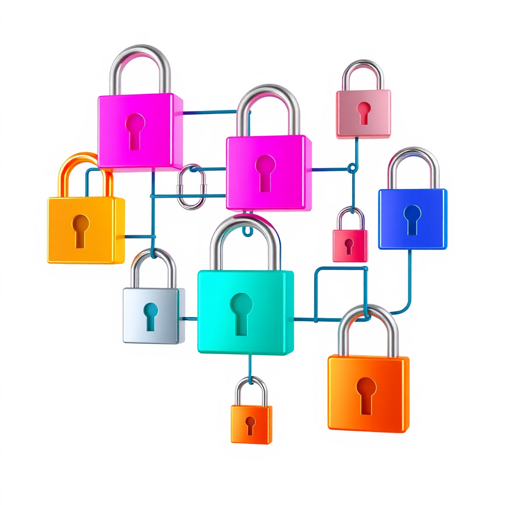 Create a stylized image showing a series of interconnected locks, each representing a different layer of security. The locks should be brightly colored and intricately designed. The background should be a clean, minimalist design. Render in 4K resolution, high quality.