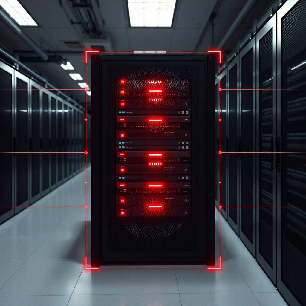 Create an image representing a digital scan of a server rack, highlighting potential vulnerabilities as glowing red areas. The background should be a dimly lit server room. The scan lines should be visible, indicating the thoroughness of the assessment. Render in 4K resolution, high quality.