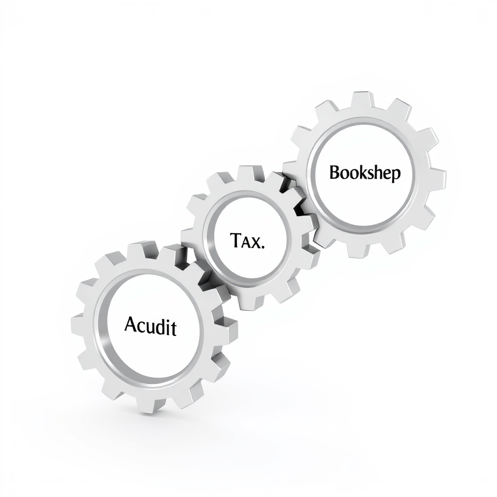 A 3D rendered graphic showing three interconnected gears, each representing bookkeeping, tax, and audit services, all working together seamlessly. The gears are metallic with a clean, modern design. The background is a soft, neutral color.