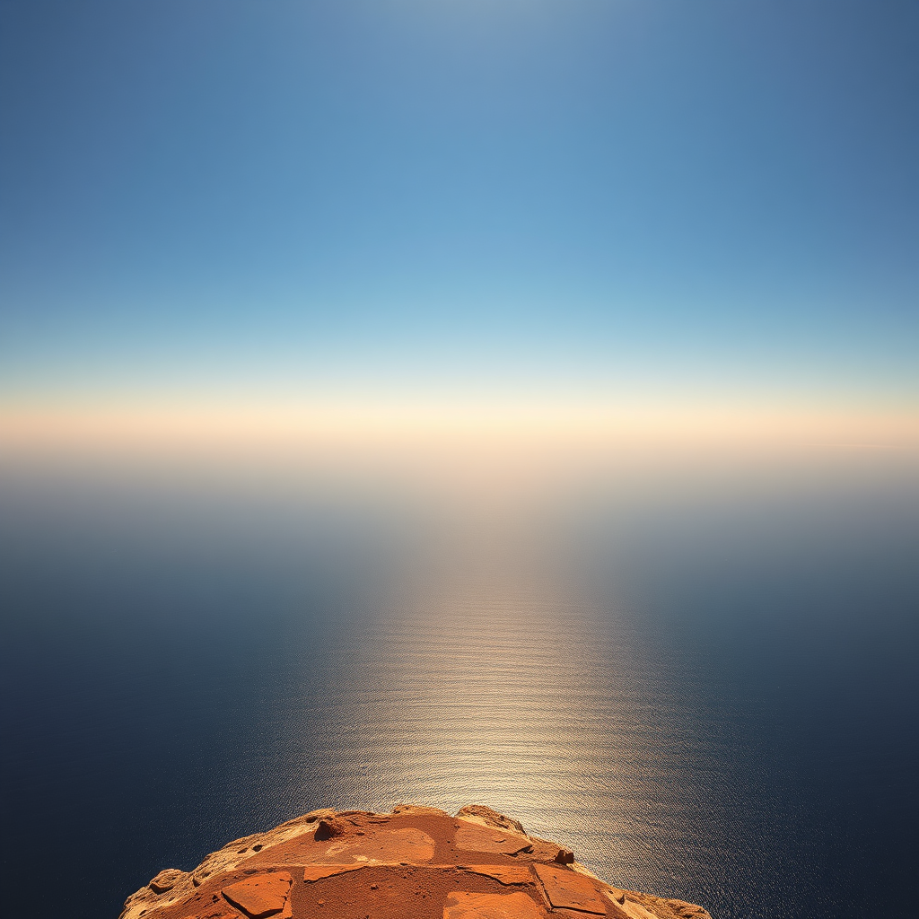 A perfectly flat horizon over a calm ocean at sunset.