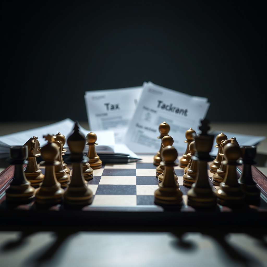 A chess board with tax documents arranged as pieces. Strategic lighting with a focus on the documents and chessboard to represent Tax Strategy, use shallow depth of field.