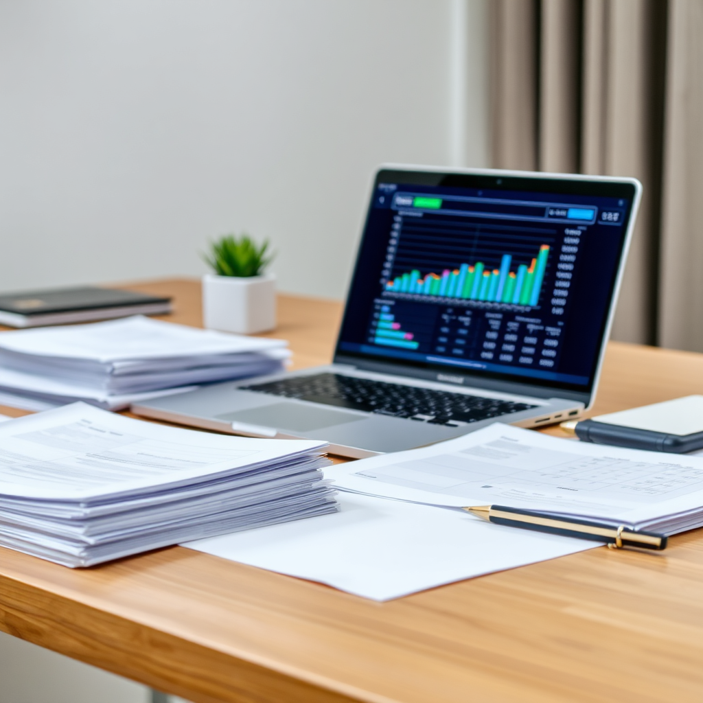 A clean and organized desk with neatly stacked financial documents and a modern laptop displaying a balanced ledger. The lighting is soft and professional, with a focus on detail and precision.