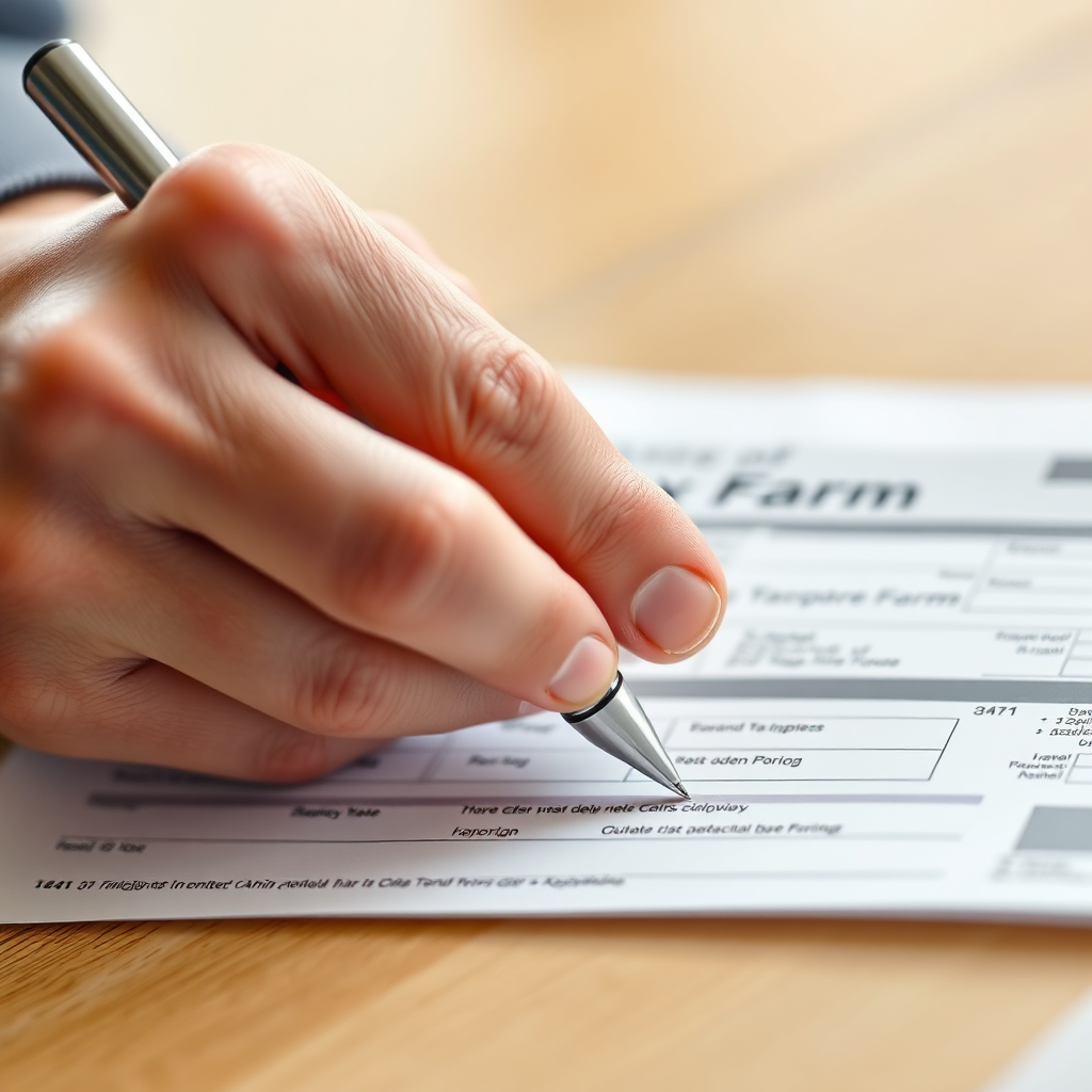 A close-up shot of a hand confidently signing a tax form, with a pen resting on the document. Soft, professional lighting with a focus on detail and precision. Use a shallow depth of field to keep the emphasis on the signing hand.