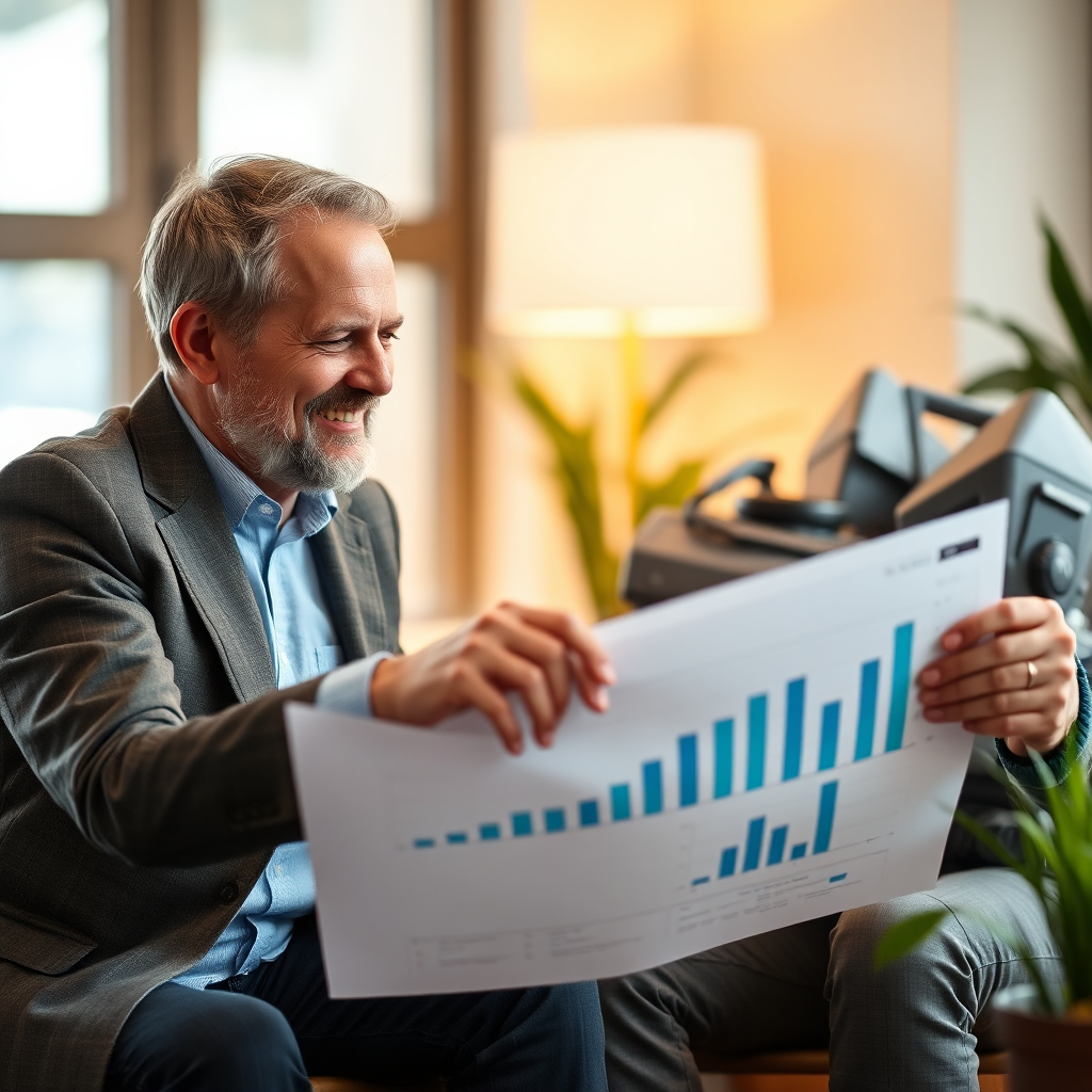 A friendly advisor meeting with a client. They are looking at a financial chart together. Focus on connection and trust. The overall lighting is warm and inviting.