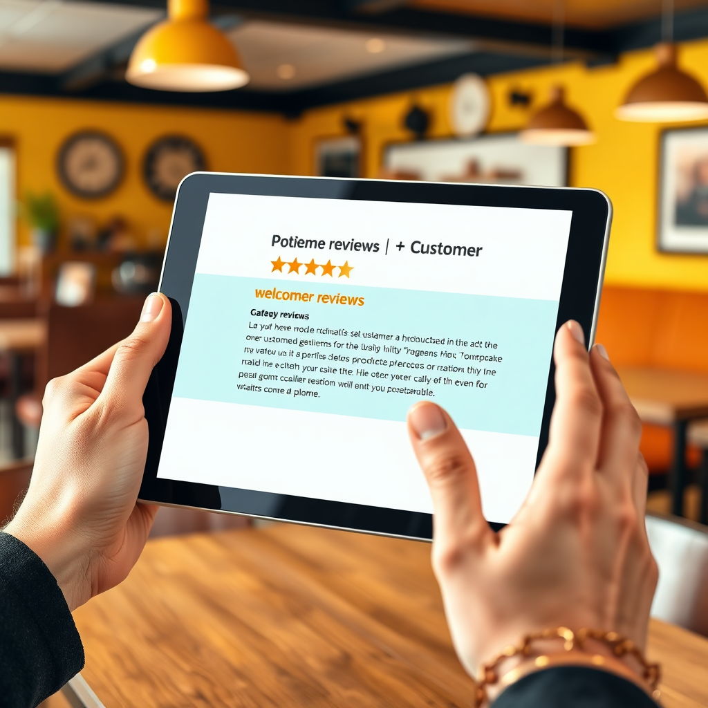 A pair of hands interacting with a tablet displaying positive customer reviews. The background features a welcoming cafe setting. Color scheme: warm and inviting, with yellows and oranges. Style: friendly and approachable, emphasizing customer interaction. Technical specs: 4K resolution, photorealistic.