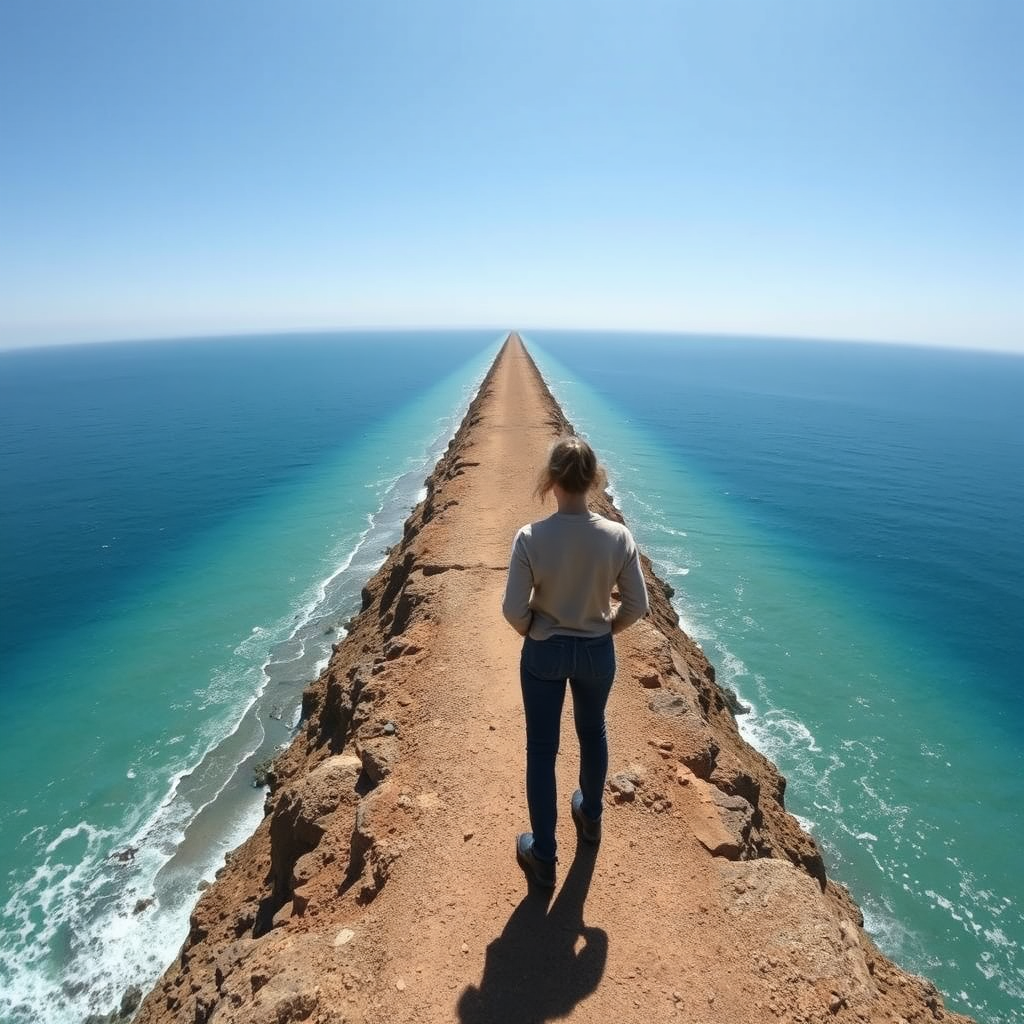 Observing the flat sea from the shore
