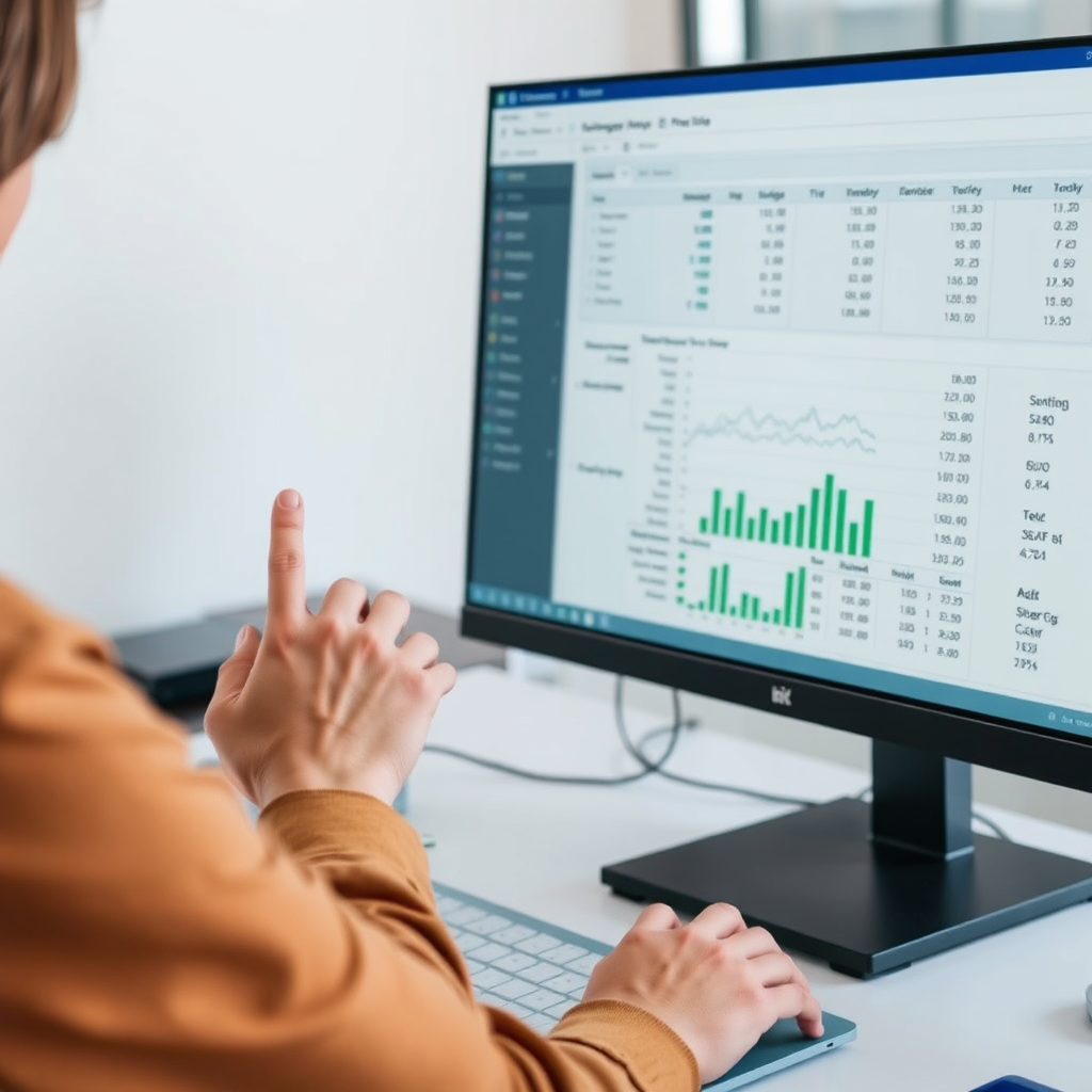 A person using a modern software interface to review neatly organized financial data, displayed on a high-resolution monitor. The workspace is clean and professional, highlighting organization and clarity. The color palette is calming blues and greens.