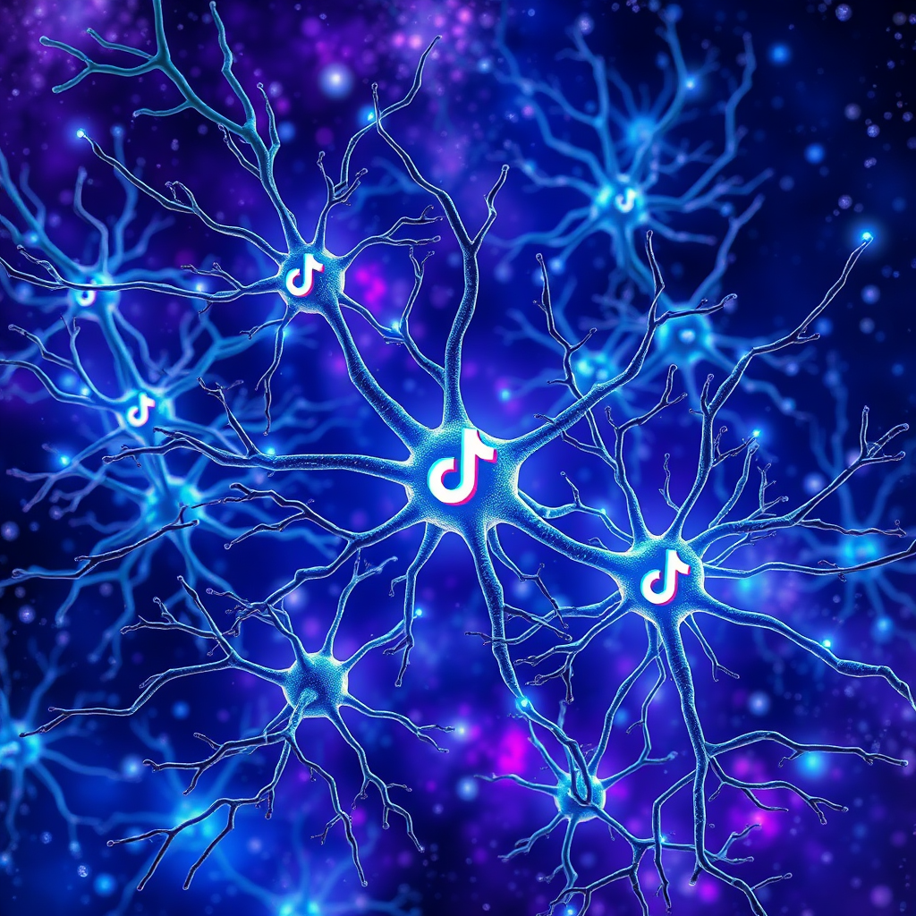 A photorealistic depiction of a network of interconnected neurons firing simultaneously, with TikTok logos appearing within the synapses. The background is a swirling galaxy, representing the collective consciousness. The lighting is bright and energetic, with vibrant blues and purples dominating. Technical specs: 4K resolution, high quality.