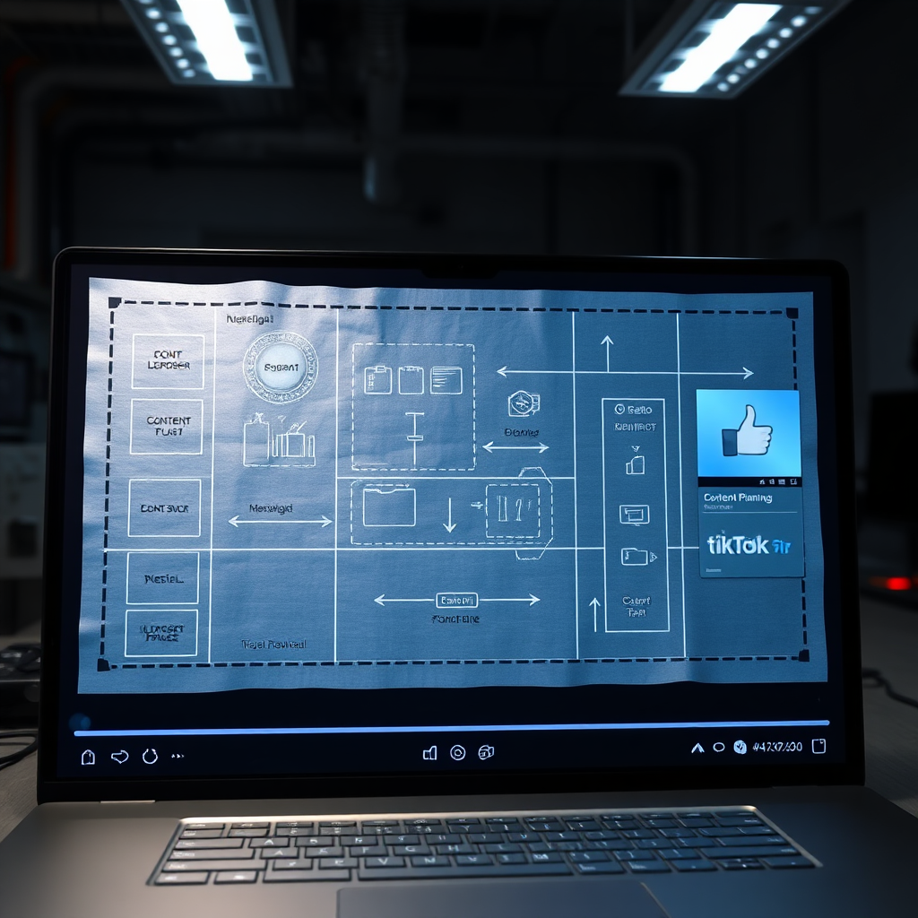 A photorealistic depiction of a blueprint overlaid on a TikTok interface, symbolizing strategic planning. The blueprint includes annotations and arrows indicating content flow and optimization. The lighting is technical and precise. Technical specs: 4K resolution, high quality.