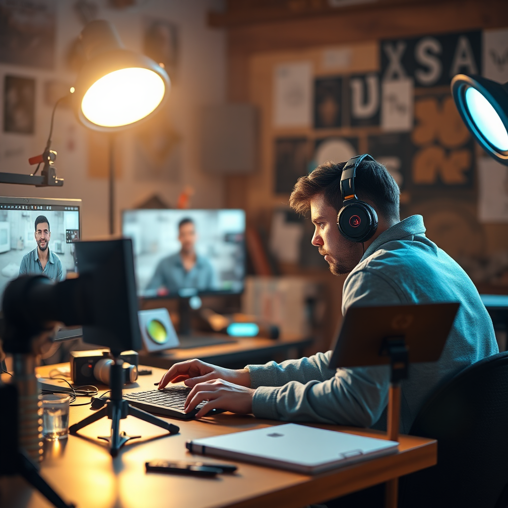 A photorealistic image of a content creator working on a TikTok video, surrounded by creative tools and equipment. The lighting is warm and inviting, showcasing the creative process. Technical specs: 4K resolution, high quality.